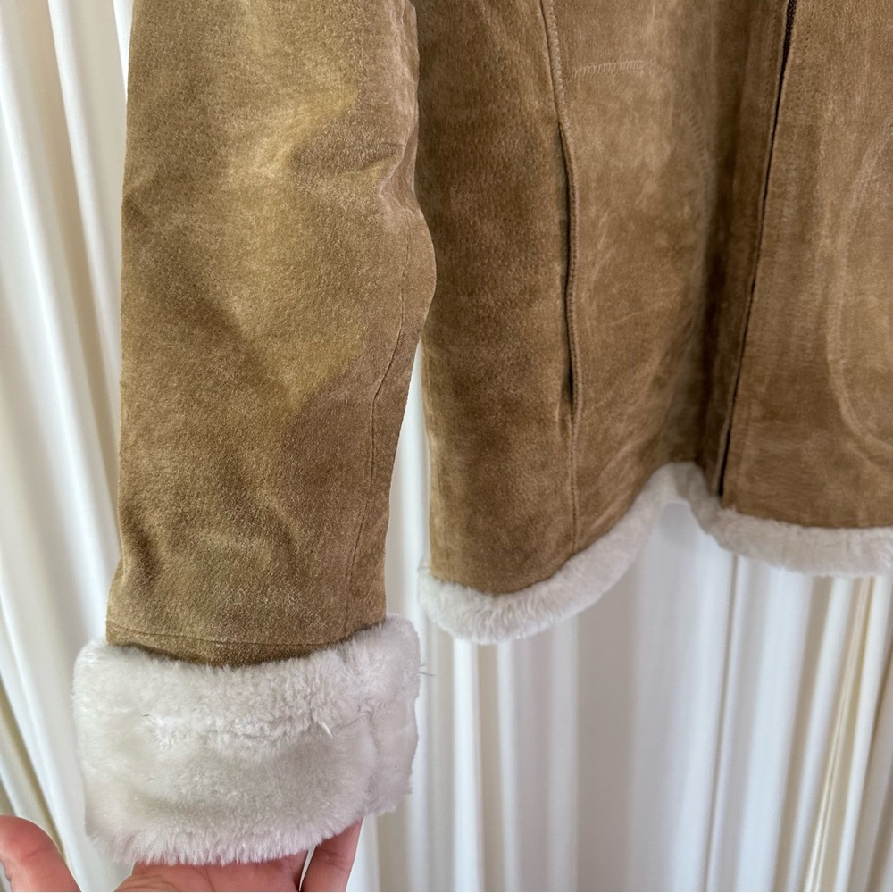 Adler Tan Suede‎ Jacket Faux Fur Lining Collar & Hood Vtg Y2k 90s Winter Cozy - Picture 2 of 7